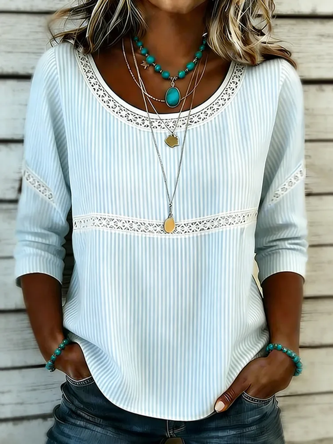 Women Striped Vintage Blouses Crew Neck Half Sleeve Summer Top-image-17150673
