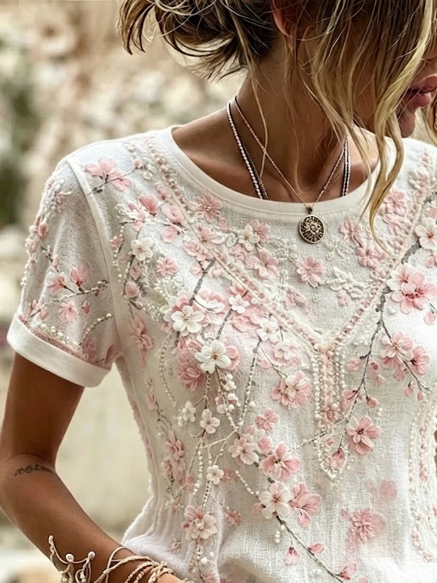 Side view of Women Floral Casual Short Sleeve Tee T-shirt Crew Neck Summer Printing Graphic Tee Top