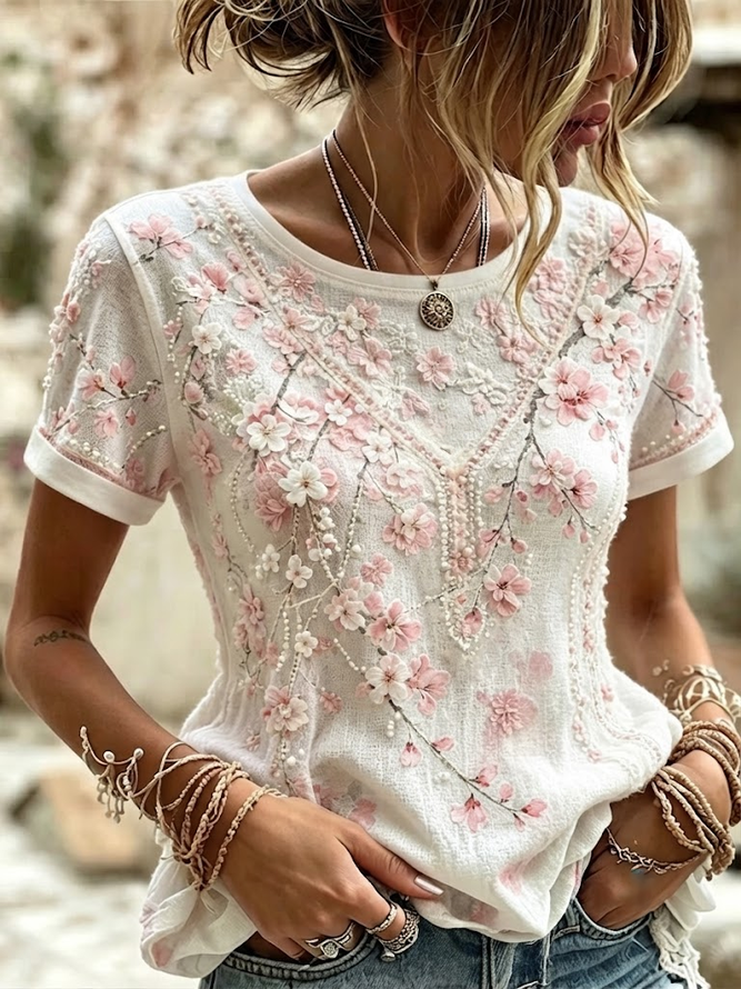 Women Floral Casual Short Sleeve Tee T-shirt Crew Neck Summer Printing Graphic Tee Top-image-17150763