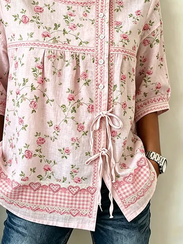 Side view of Women Floral Vintage Shirts Crew Neck Half Sleeve Summer Top