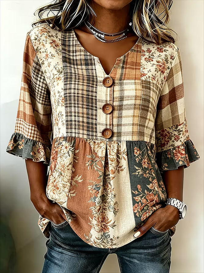 Women Floral Vintage Blouses V Neck Printing Half Sleeve Summer Top-image-17150793