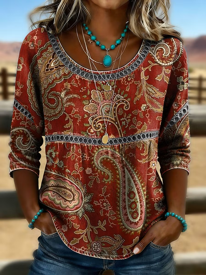 Side view of Women Floral Vintage Blouses Crew Neck Half Sleeve Summer Top
