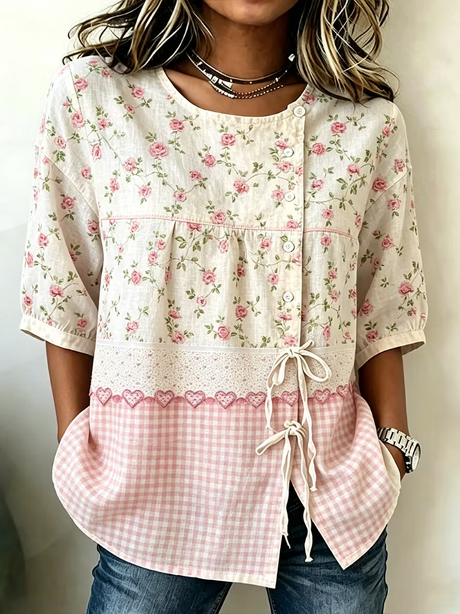 Women Floral Vintage Shirts Crew Neck Half Sleeve Summer Top-image-17150703