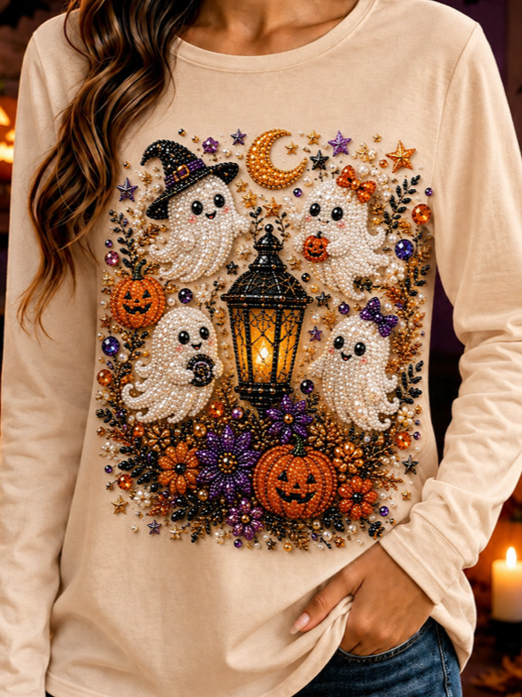 Side view of Women Cartoon Casual Long Sleeve Tee T-shirt Crew Neck Spring/Fall Printing Top