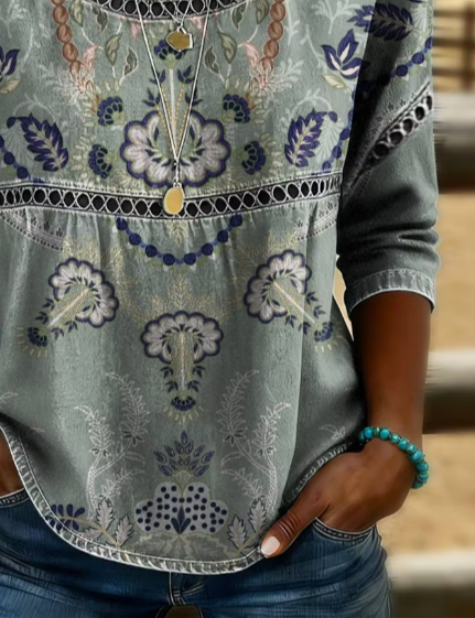Side view of Women Floral Vintage Blouses Crew Neck Half Sleeve Summer Top