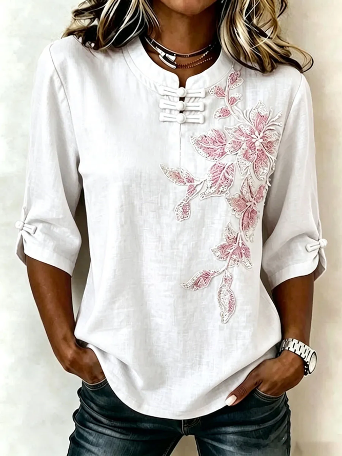 Side view of Women Floral Vintage Blouses Mandarin Collar Printing Half Sleeve Summer Top