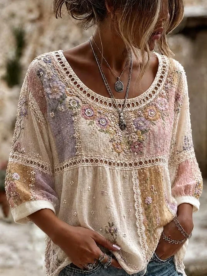 Women Floral Vintage Blouses Crew Neck Half Sleeve Summer Top-image-17150679