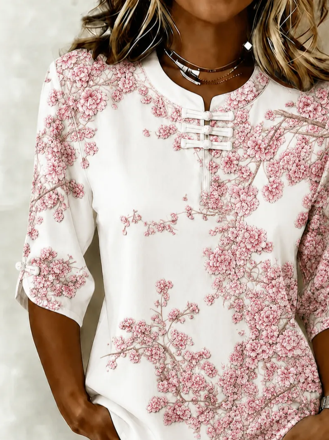 Side view of Women Floral Vintage Blouses Mandarin Collar Printing Half Sleeve Summer Top