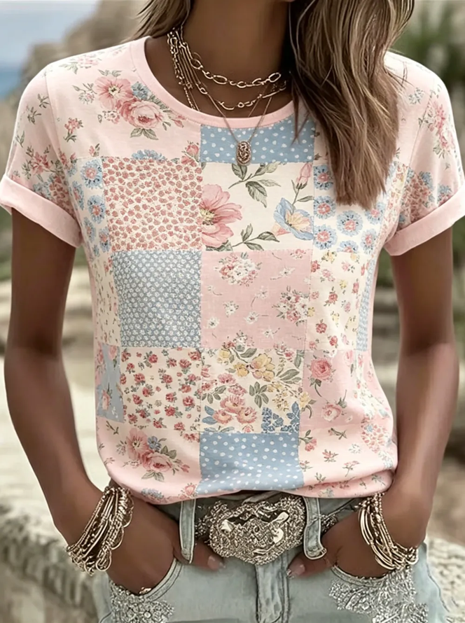 Women Floral Casual Short Sleeve Tee T-shirt Crew Neck Summer Printing Graphic Tee Top-image-17150757