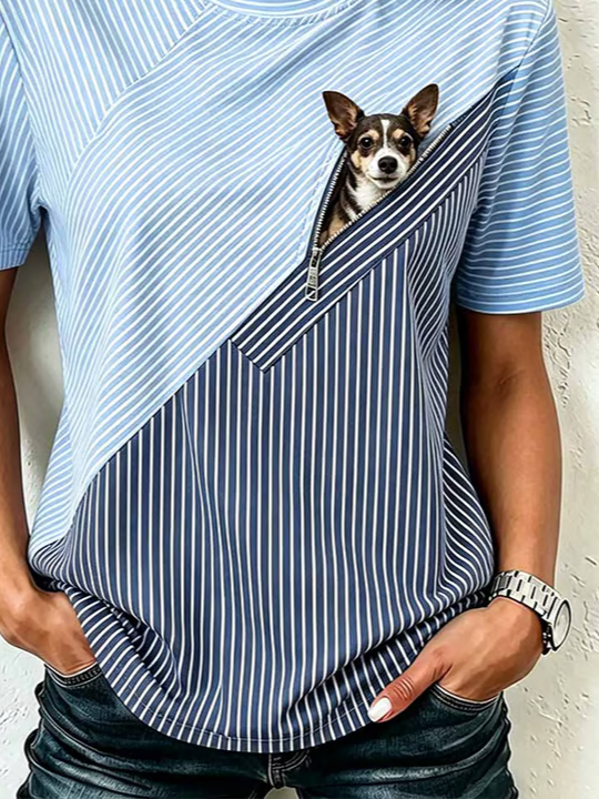Side view of Women Striped Casual Short Sleeve Tee T-shirt Crew Neck Summer Printing Graphic Tee Top