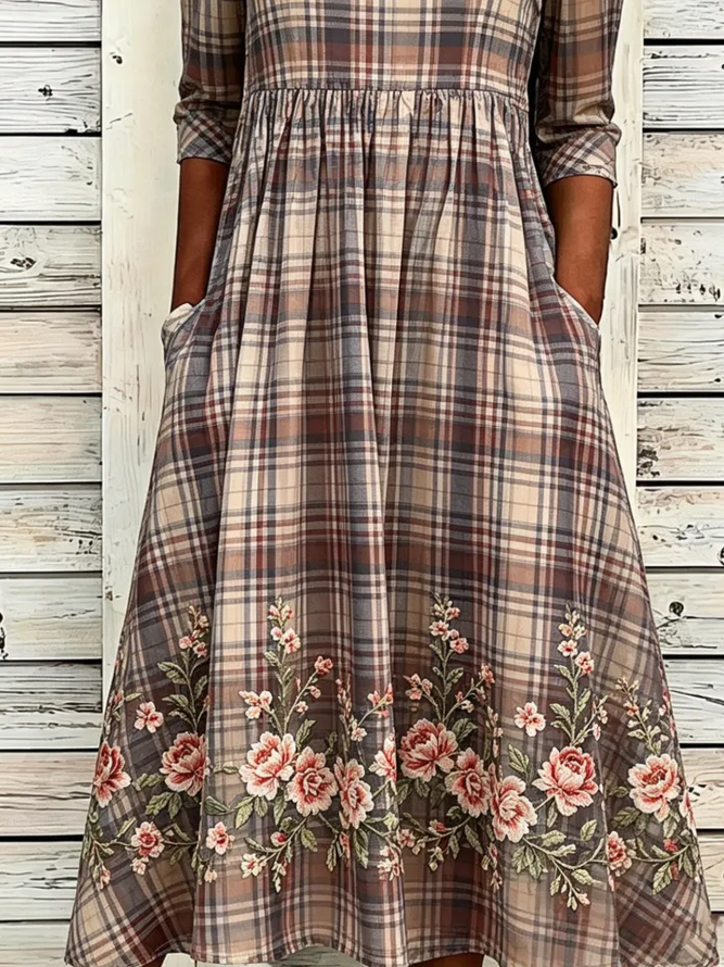 Side view of Women Floral H-Line Maxi Crew Neck Casual Summer Daily Dress