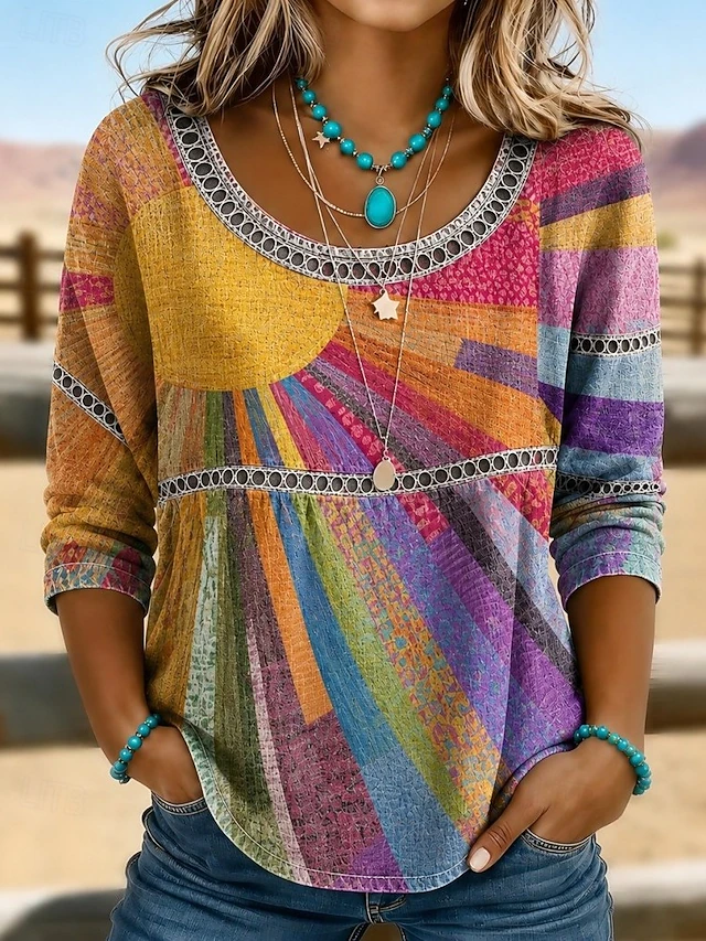 Women Sun Vintage Blouses Crew Neck Half Sleeve Summer Top-image-17150522
