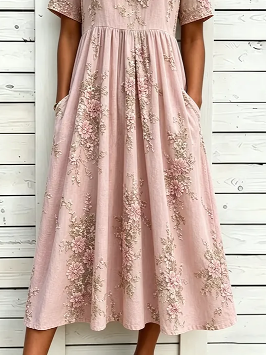 Side view of Women Floral H-Line Maxi Crew Neck Casual Summer Daily Dress