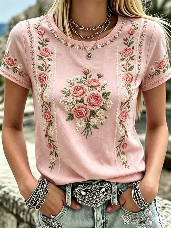 Women Floral Casual Short Sleeve Tee T-shirt Crew Neck Summer Printing Graphic Tee Top-image-17150775