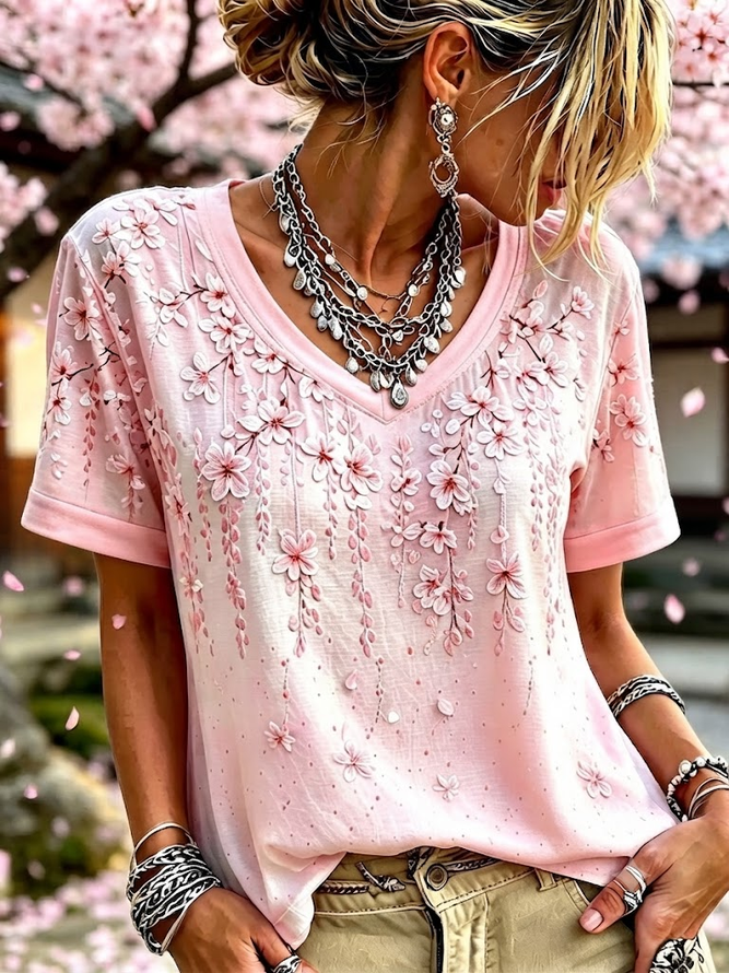 Women Floral Vintage Short Sleeve Tee T-shirt V Neck Summer Printing Top-image-17150751