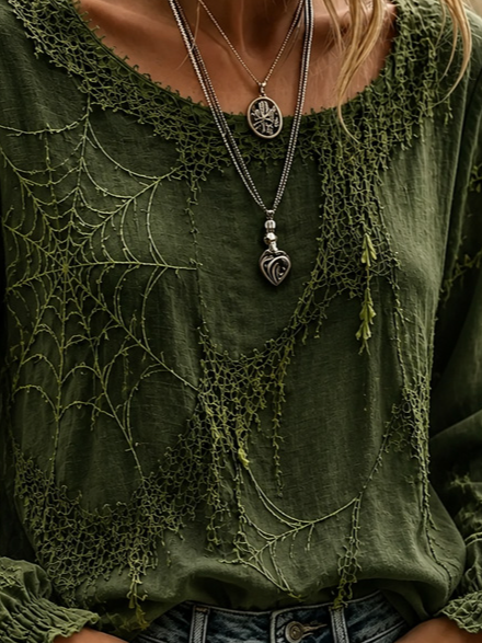 Side view of Women Halloween Vintage Blouses Crew Neck Printing Long Sleeve Spring/Fall Top