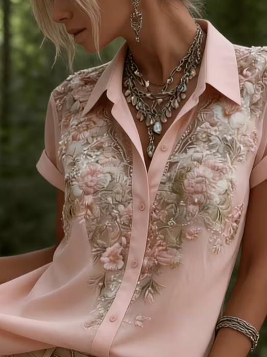 Side view of Women Floral Casual Shirts Shirt Collar Printing Button Up Shirt Short Sleeve Summer Top