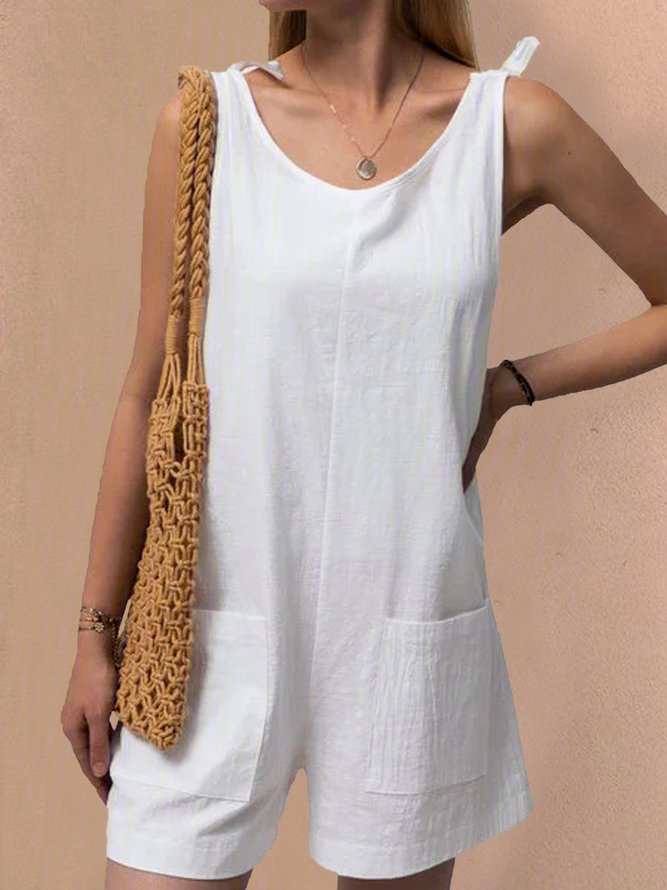 Pockets Sleeveless Casual Linen Rompers