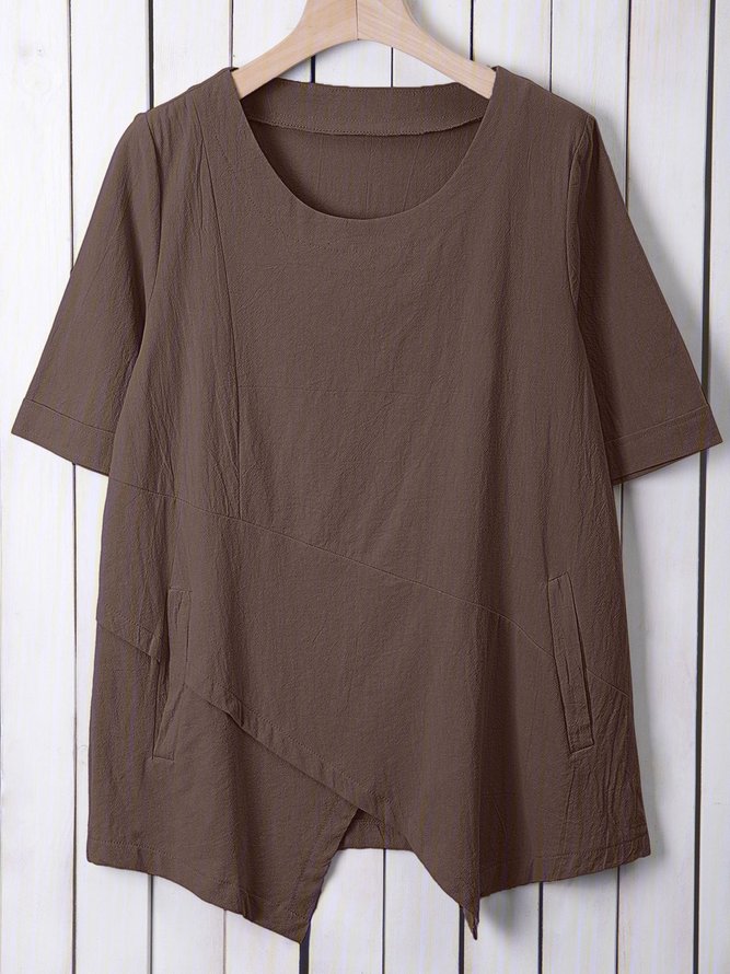 Linen Crew Neck Half Sleeve Solid Shirt & Blouses