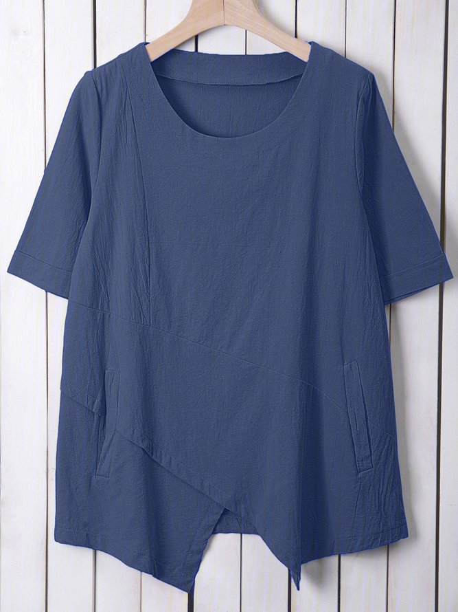 Linen Crew Neck Half Sleeve Solid Shirt & Blouses