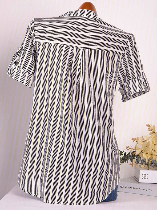 Casual 3/4 Sleeve Buttoned High Low V neck Stripes Linen Blouse