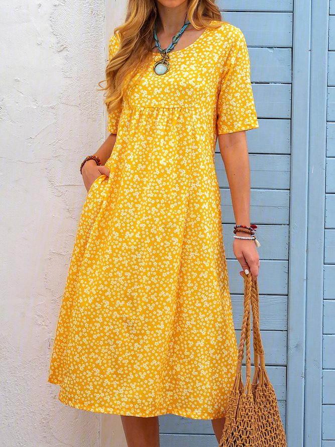Floral Printed Crew Neck Pockets Short Sleeve Casual Midi Shirt Dress