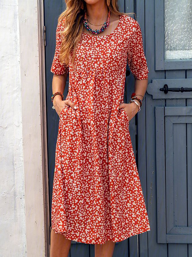 Floral Printed Crew Neck Pockets Short Sleeve Casual Midi Shirt Dress