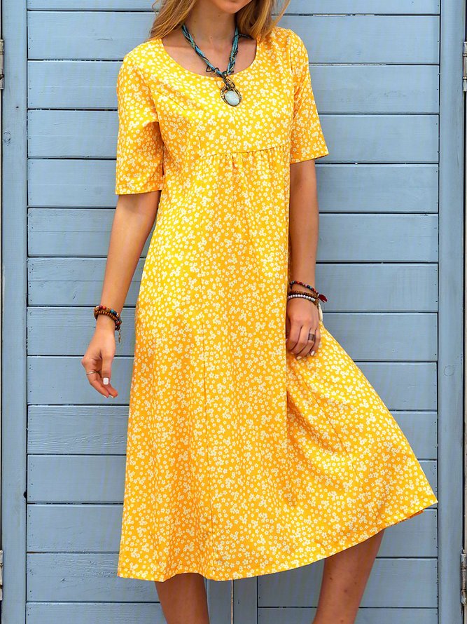 Floral Printed Crew Neck Pockets Short Sleeve Casual Midi Shirt Dress