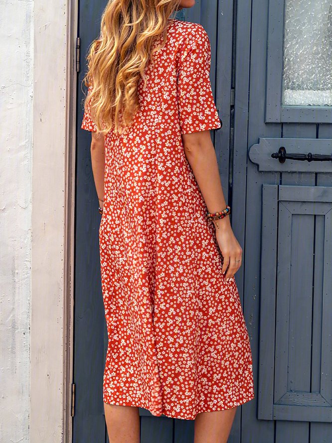 Floral Printed Crew Neck Pockets Short Sleeve Casual Midi Shirt Dress