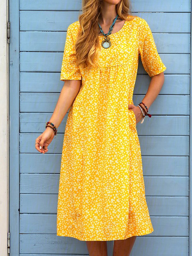 Floral Printed Crew Neck Pockets Short Sleeve Casual Midi Shirt Dress