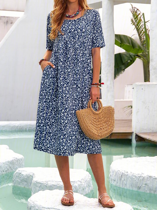 Floral Printed Crew Neck Pockets Short Sleeve Casual Midi Shirt Dress