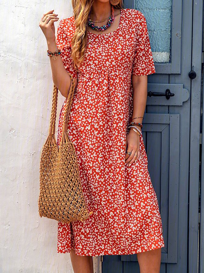 Floral Printed Crew Neck Pockets Short Sleeve Casual Midi Shirt Dress