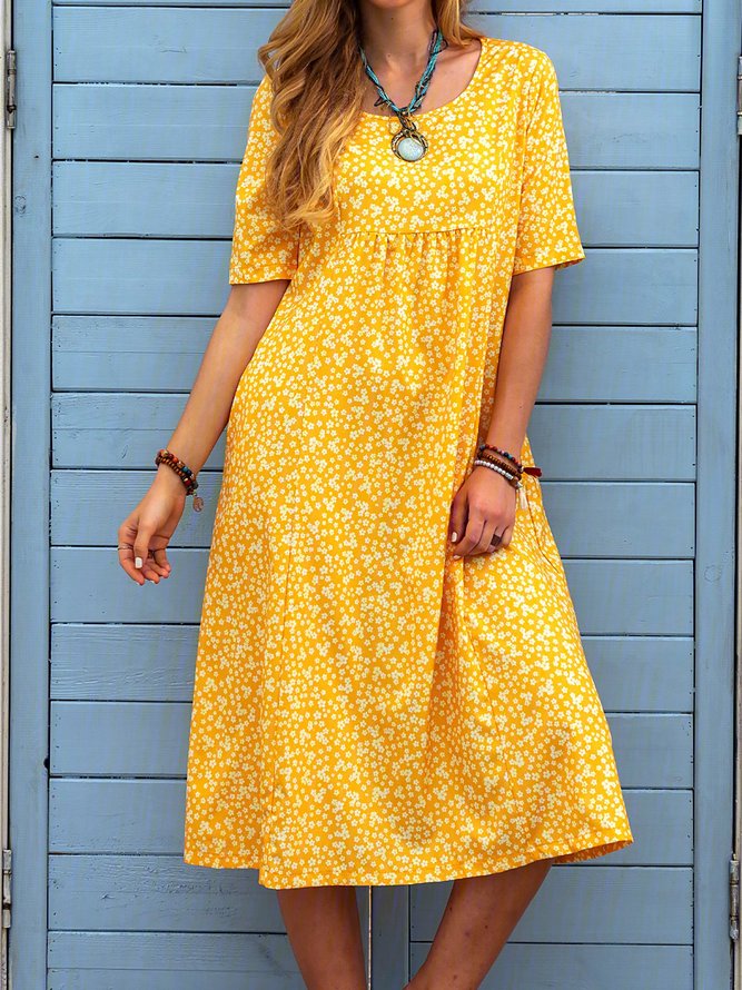 Floral Printed Crew Neck Pockets Short Sleeve Casual Midi Shirt Dress