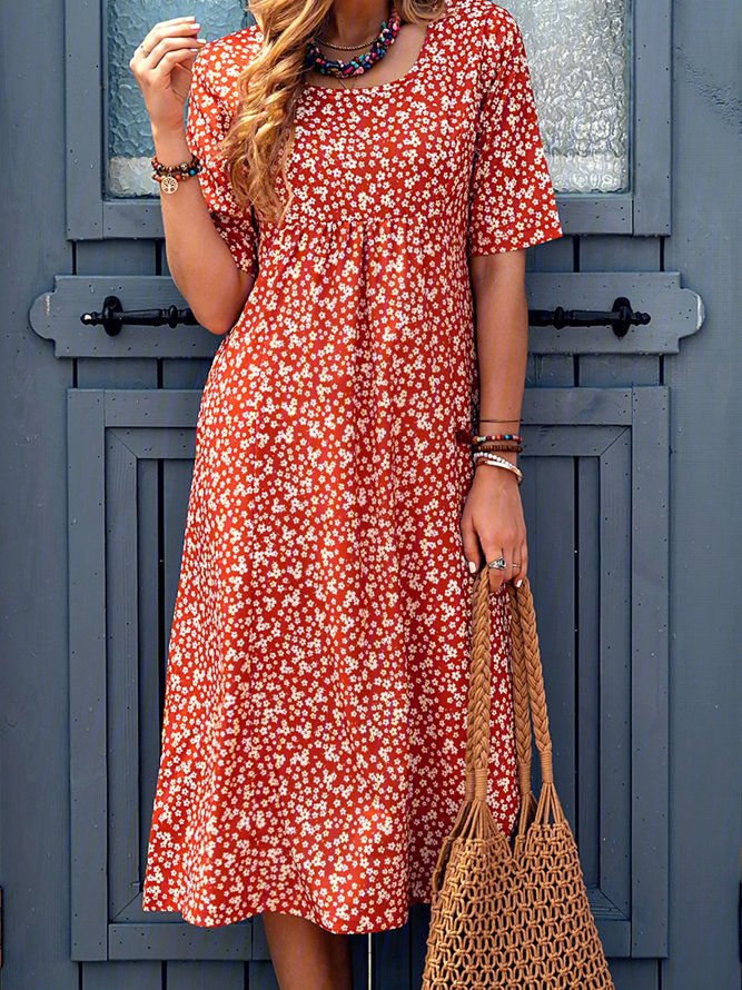 Ditsy Floral Printed Crew Neck Pockets Short Sleeve Casual Midi Shirt ...