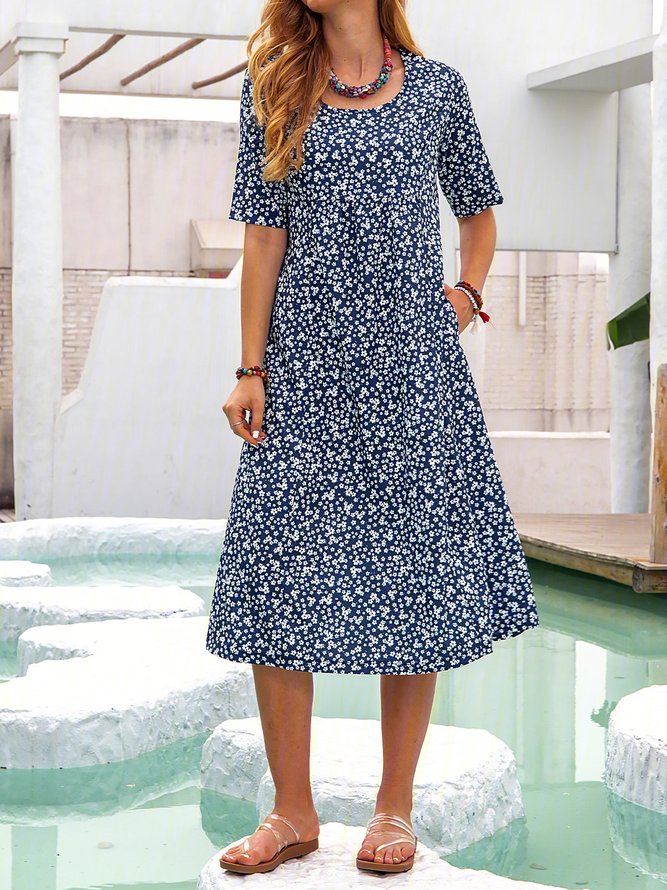 Floral Printed Crew Neck Pockets Short Sleeve Casual Midi Shirt Dress