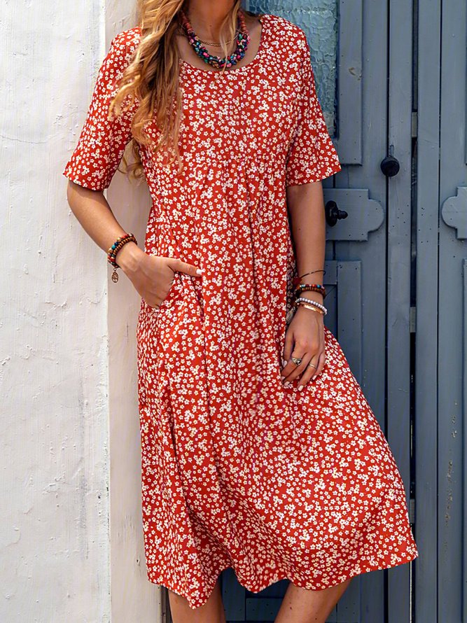 Floral Printed Crew Neck Pockets Short Sleeve Casual Midi Shirt Dress