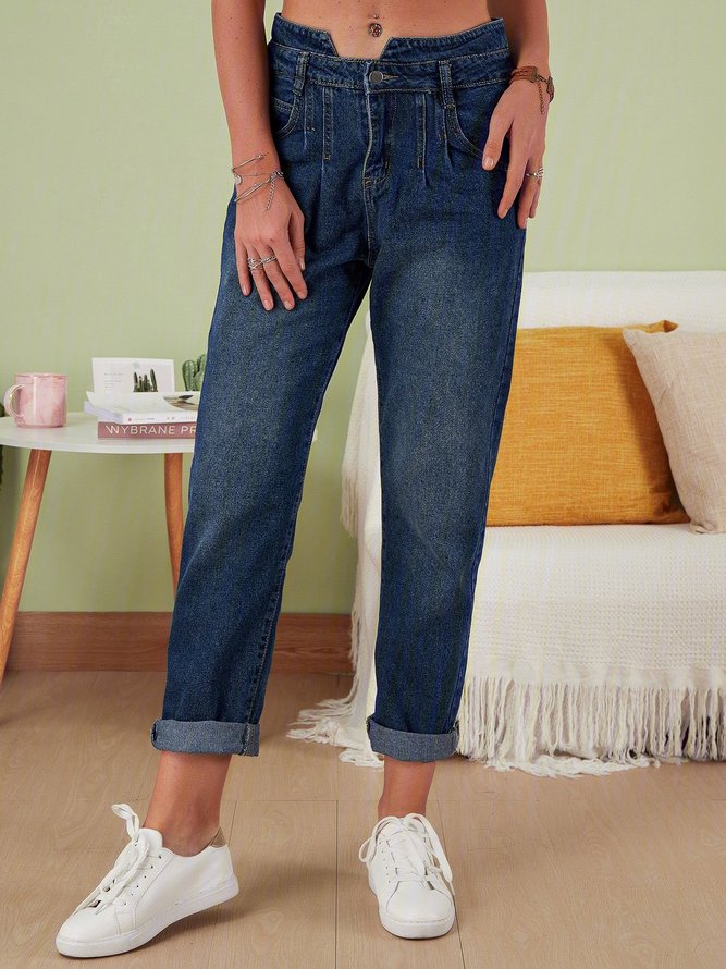 Blue Casual Denim Plain Pockets Jeans