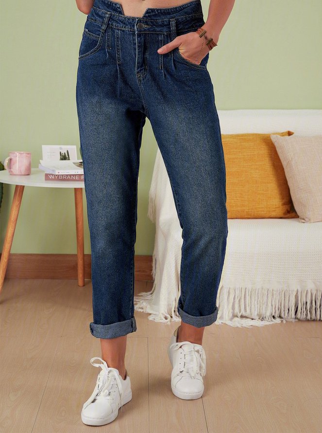 Blue Casual Denim Plain Pockets Jeans
