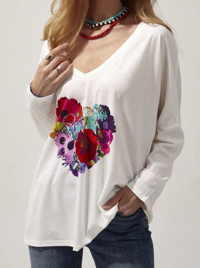 Women Floral Heart Print V-Neck Casual T-Shirts