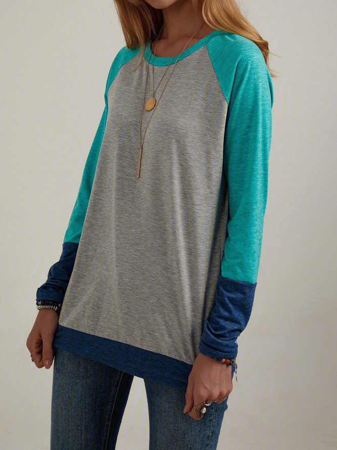 Color Block Stitching Round Neck Casual Long-sleeved T-shirt