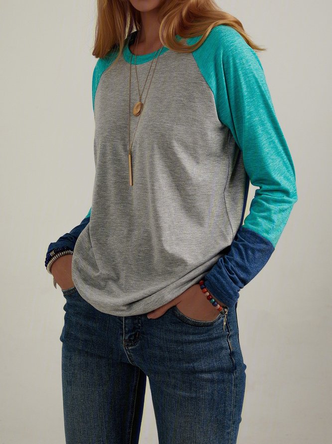 Color Block Stitching Round Neck Casual Long-sleeved T-shirt
