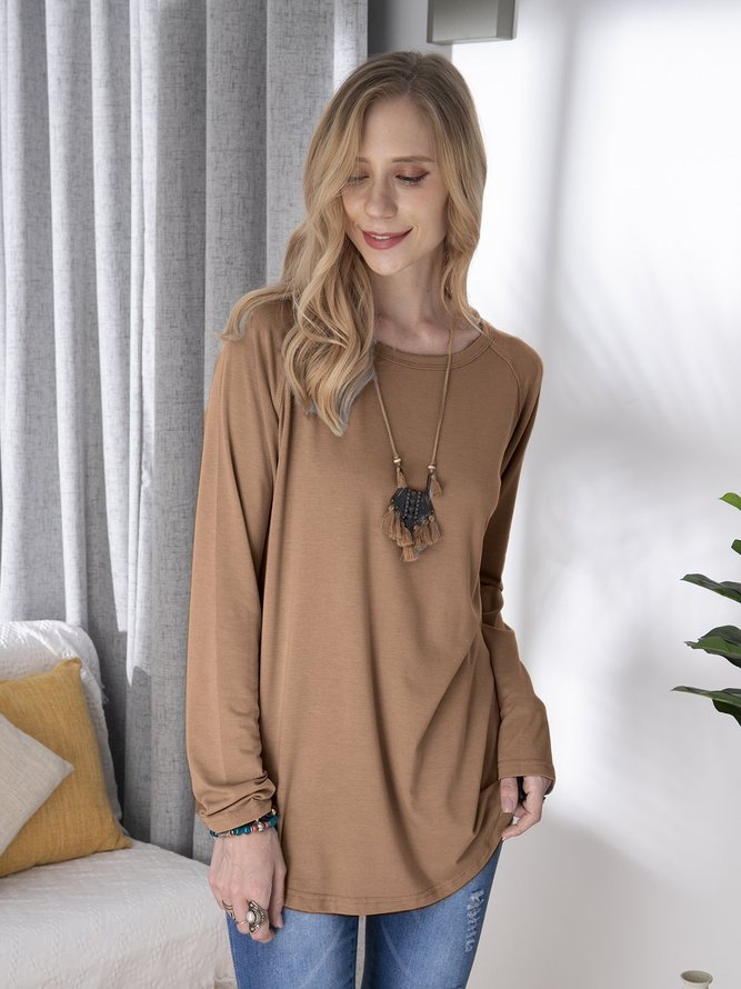 JFN Round Neck Solid Causal Tunic Top