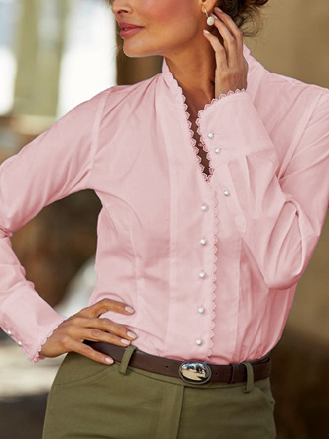 JFN Stand Collar White Cotton Paneled Long Sleeve Blouse