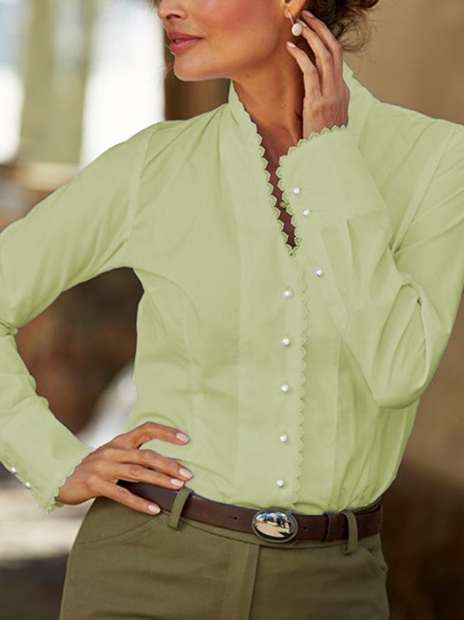 JFN Stand Collar White Cotton Paneled Long Sleeve Blouse