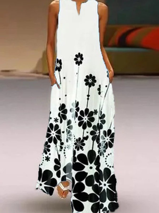 Black Sleeveless Cotton-Blend Floral-Print Dresses | Dresses ...