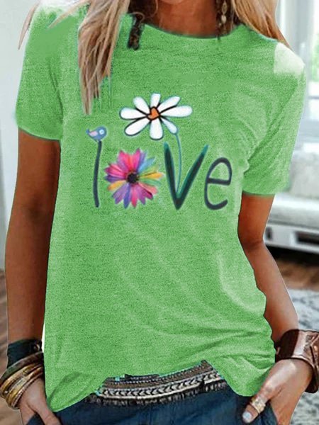 Vintage Short Sleeve Statement Floral Letter Printed Crew Neck Plus Size Casual Tops