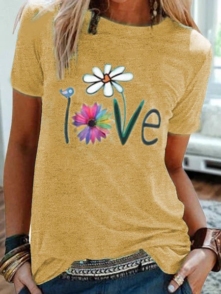 Vintage Short Sleeve Statement Floral Letter Printed Crew Neck Plus Size Casual Tops