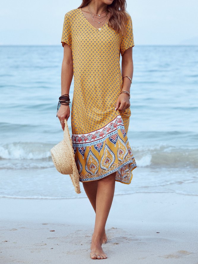 Printed Cotton Casual Short Sleeve Weaving Dress justfashionnow