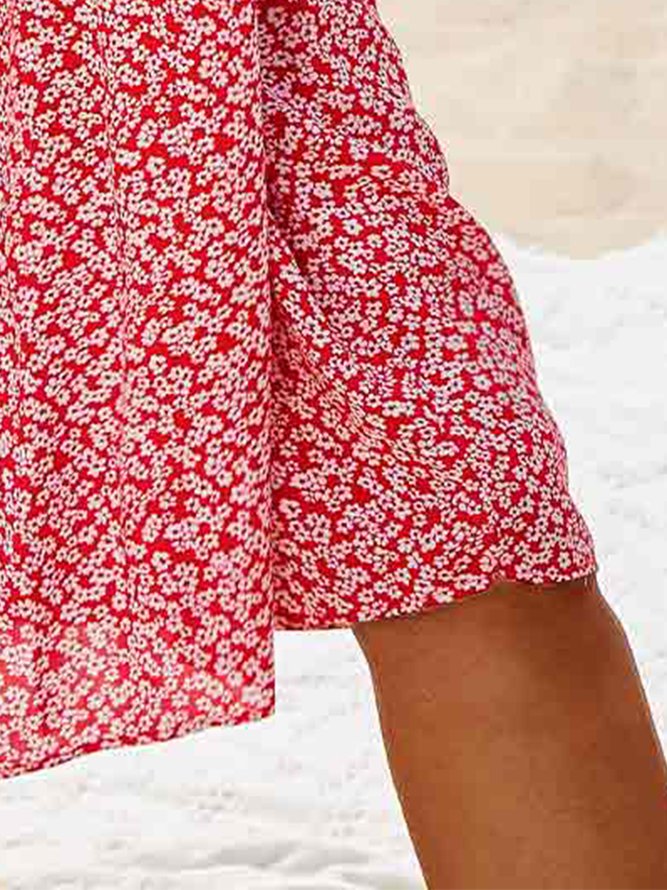 JFN V Neck Floral Beach Vacation Casual Mini Smock Dress