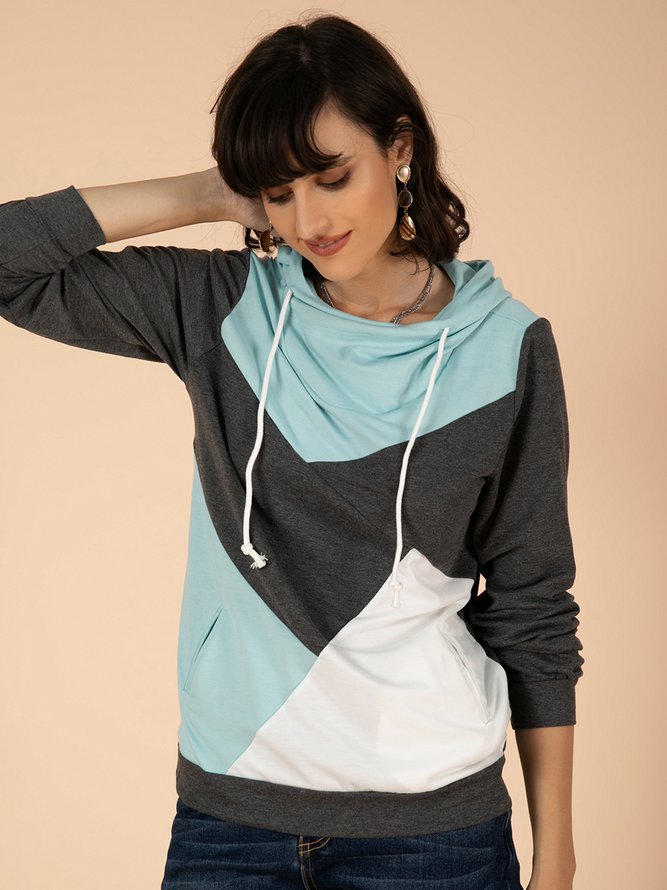 Blue Color-Block Casual Long Sleeve Sweatshirts